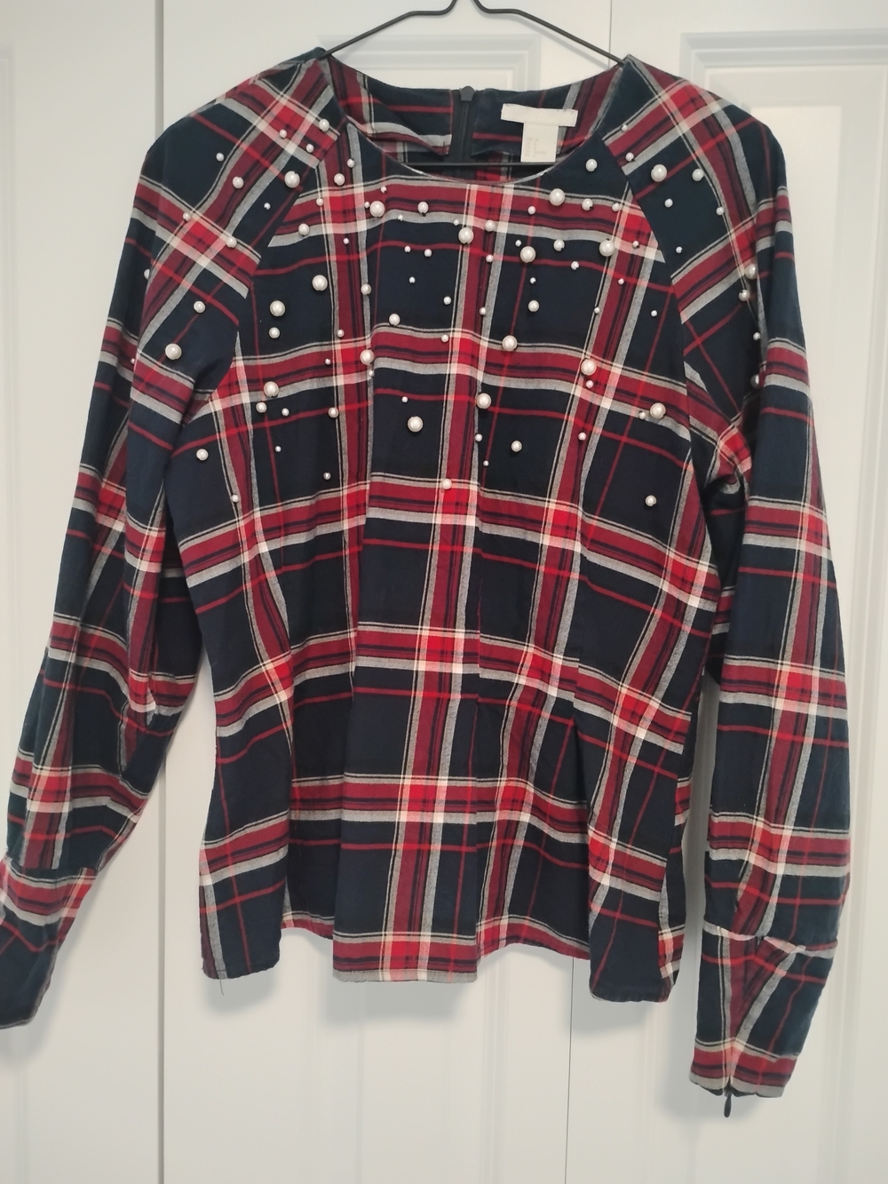 H&M Navy & Red Plaid Pearl-Embellished Long Sleeve Top
